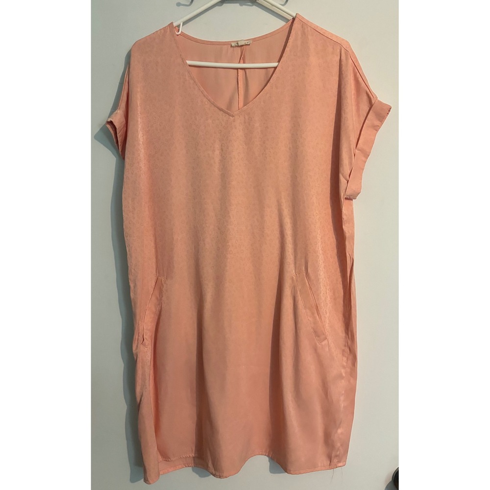 Jodifl Womens Peach Leopard V-Neck Mini Boxy Oversized Dress Sz‎ S Side Pockets